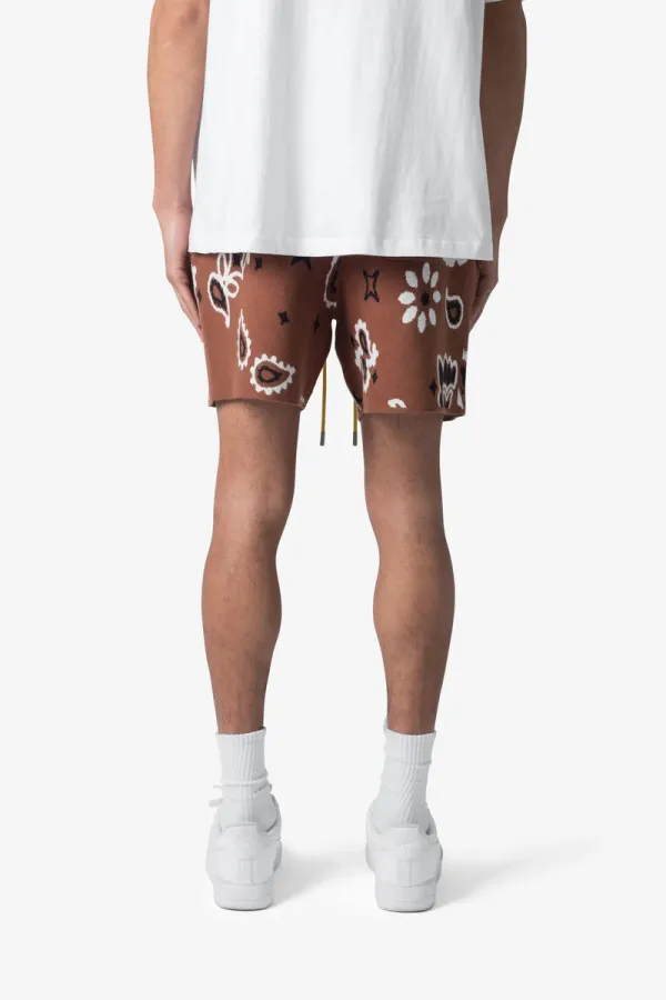 BROWN BANDANA PRINTED ELASTIC WAIST SHORTS