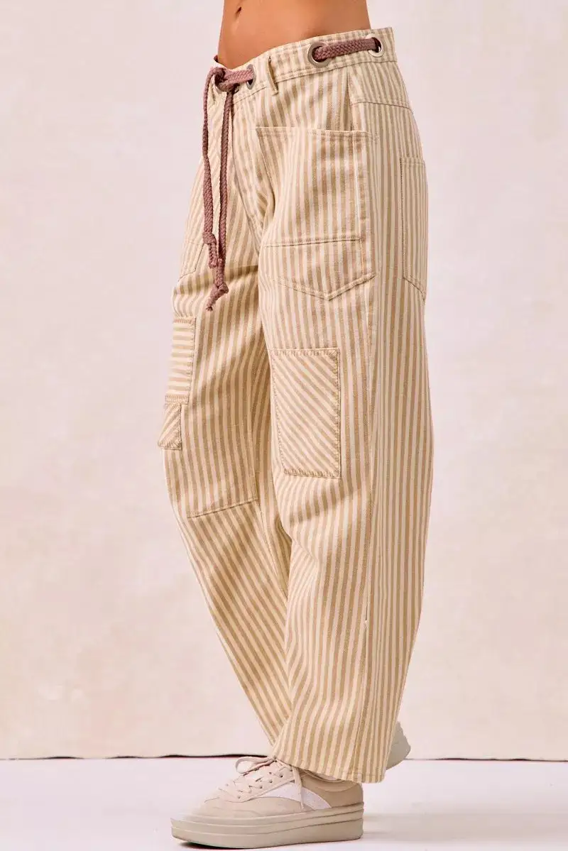 Easygoing Drawstring Striped Twill Barrel Pants