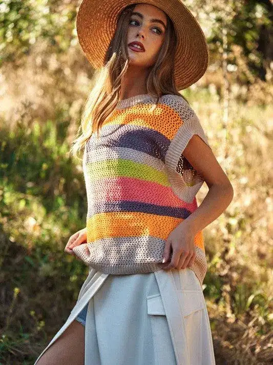 In a World Full of Color Crochet Multi Striped Sleeveless Knit Sweater