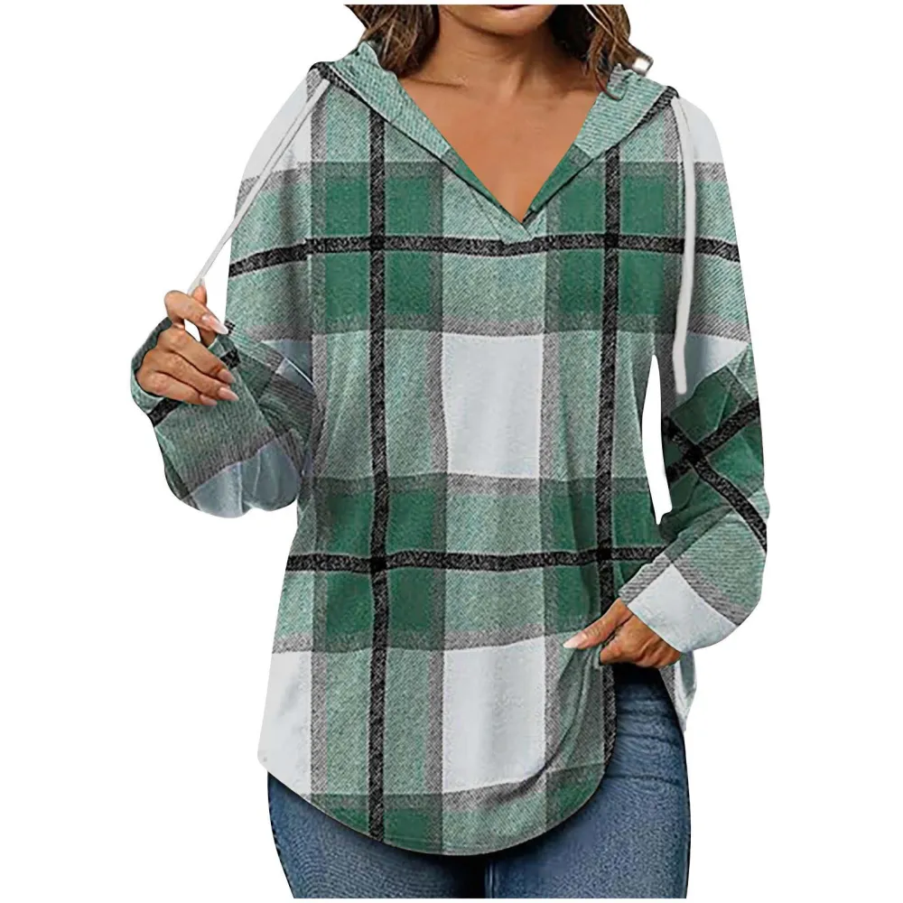 V-Neck Adjustable Drawstring Casual Plaid Long Sleeve