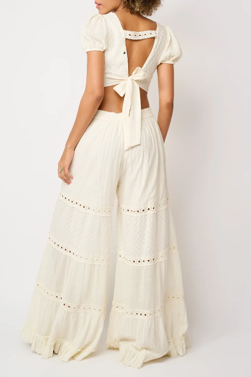 White Eyelet Detail Flared Pants
