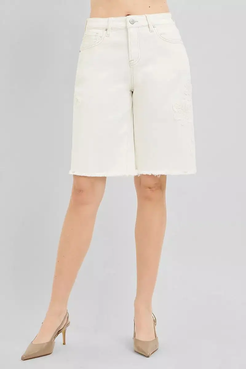 Risen Slouchy Relaxed Floral Embroidered Bermuda Denim Shorts