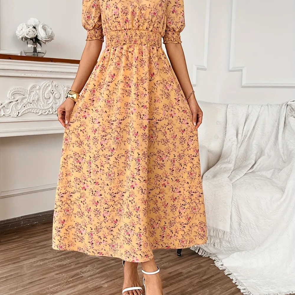 Floral Print Dress: Romantic Puff Sleeves (Spring & Summer, Crew Neck)