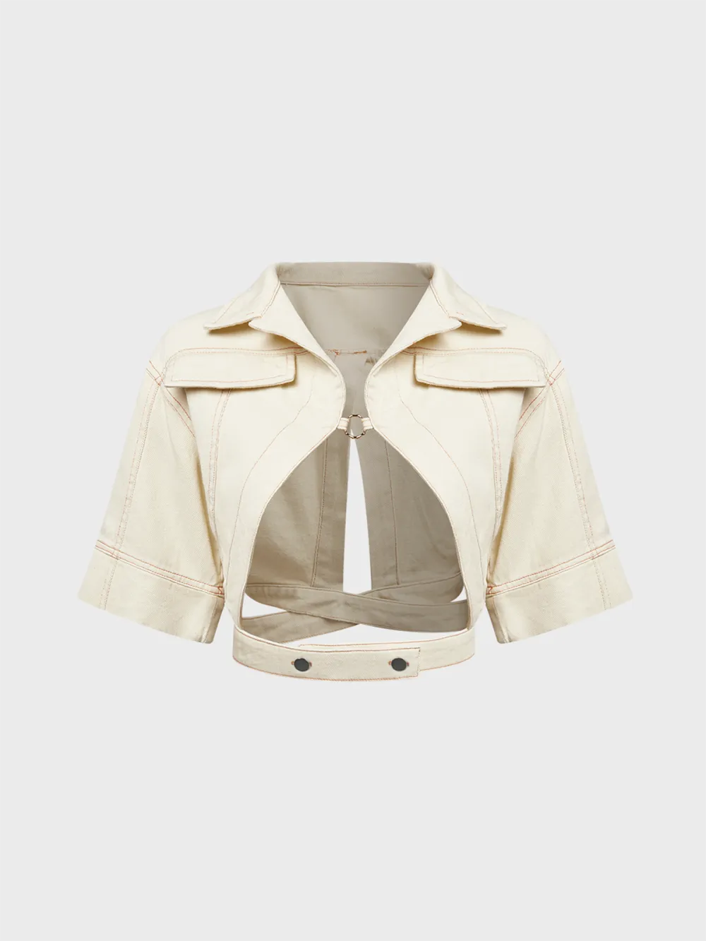 Cotton Cut Out Shawl Collar Plain Short Sleeve Jacket