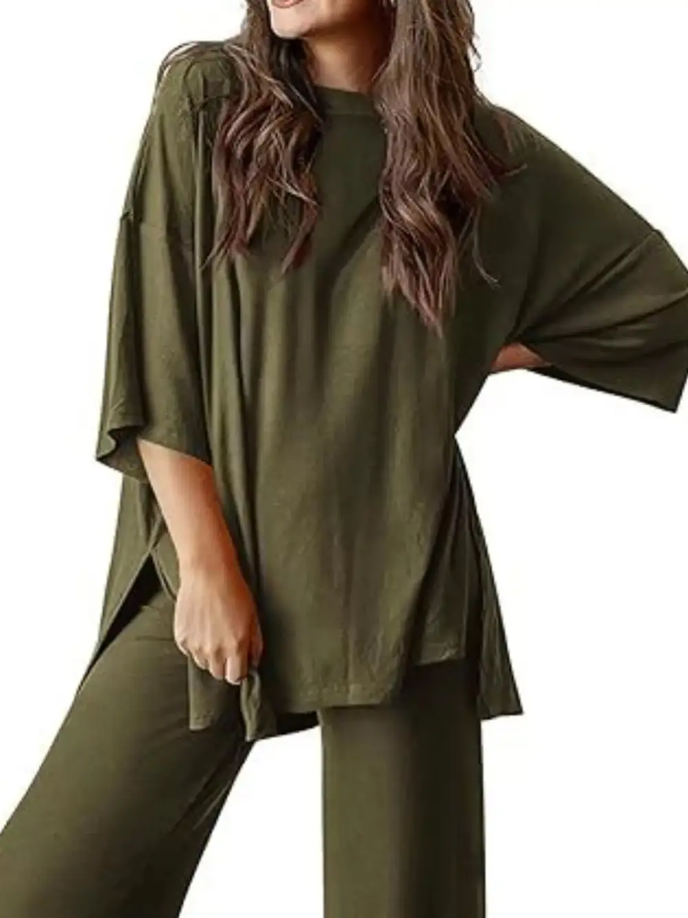 Relaxed Fit Round Neck Top and Pants Two Piece Set