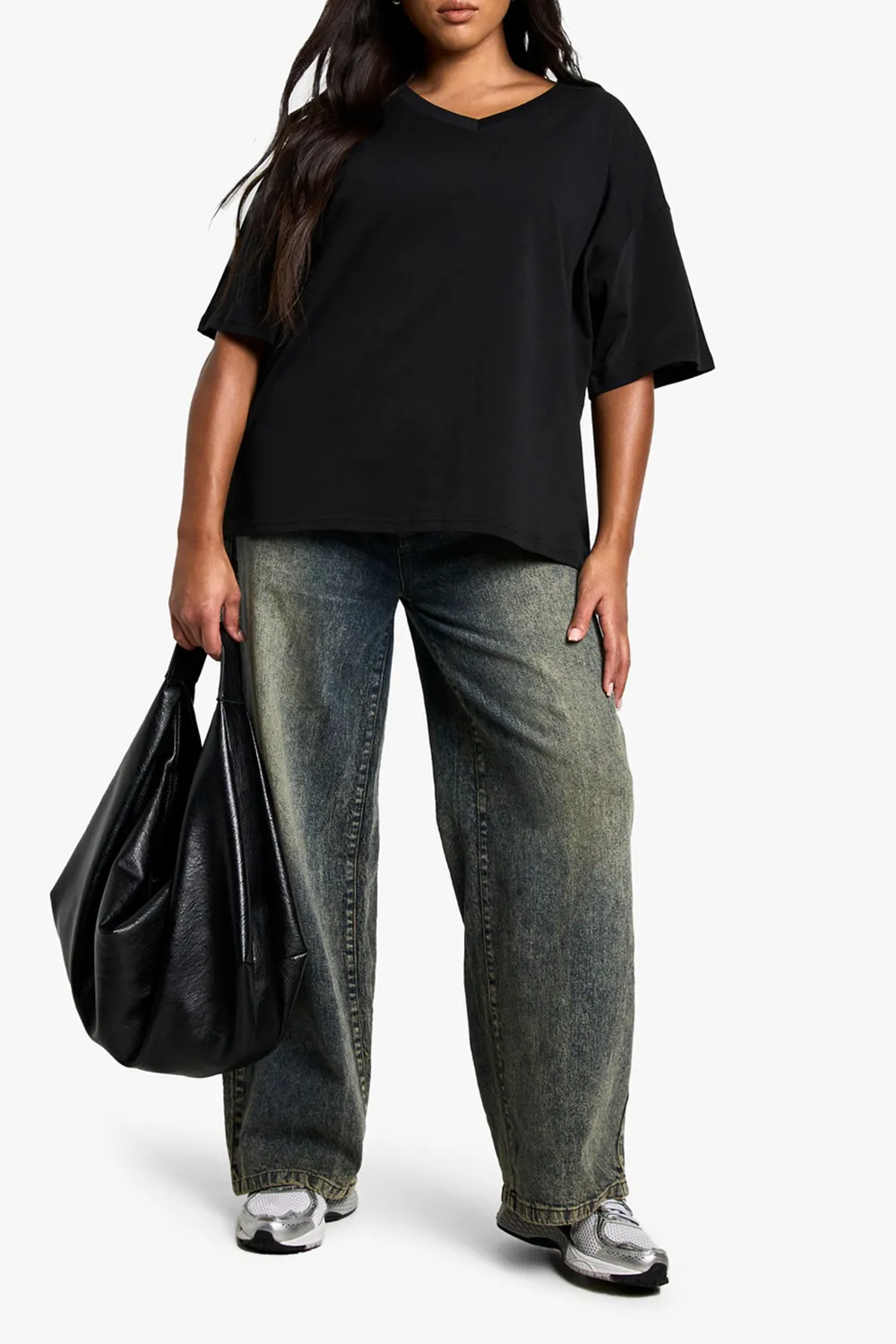 Oversized Loose V-Neck Dropped Shoulder Ladies Short Sleeves