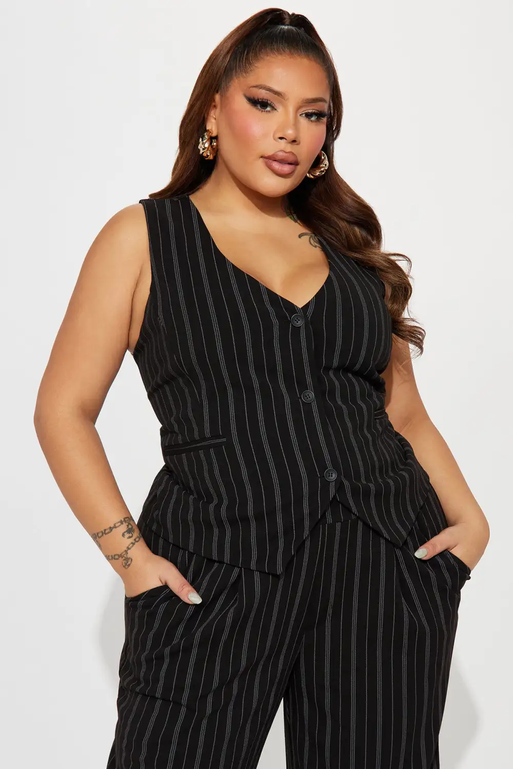 Heidy Pinstripe Vest Pant Set - Black
