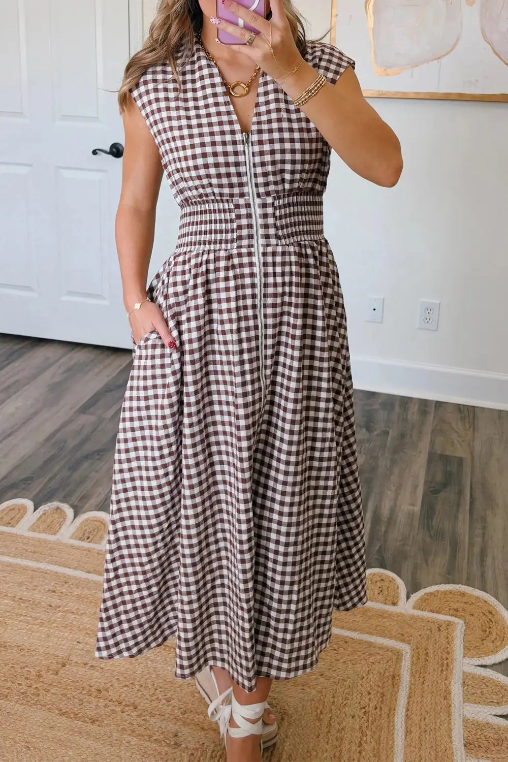 Plaid Zip Front Midi Dress