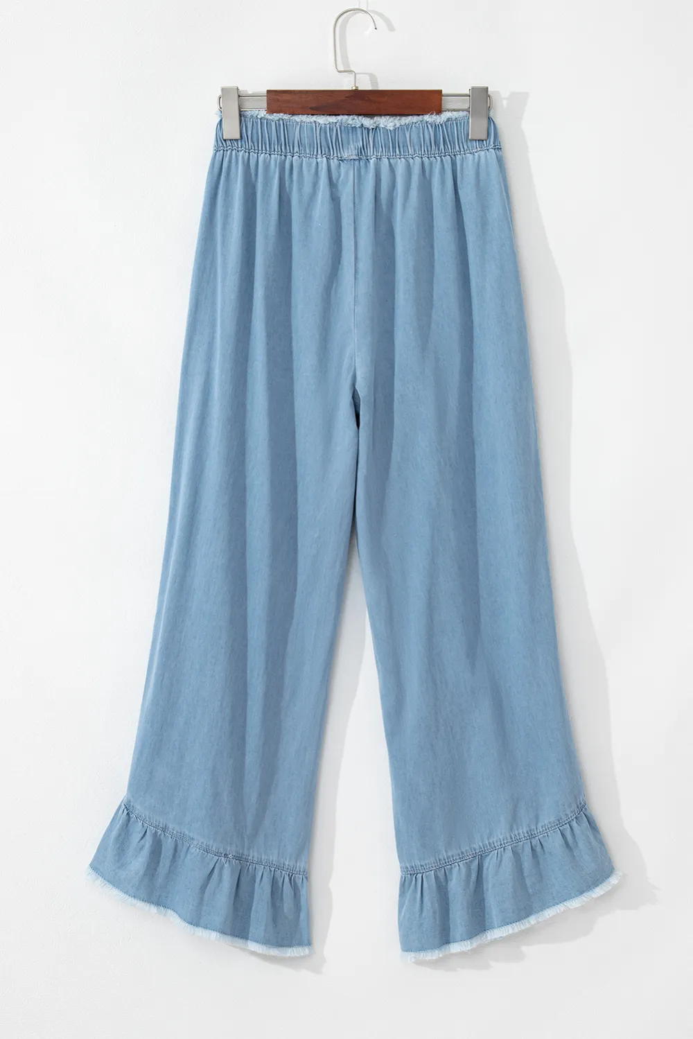 Myosotis Light Wash Raw Hem Ruffled Wide Leg Jeans