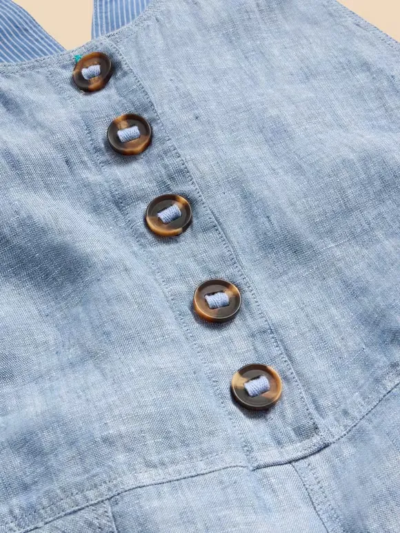 Crop Linen Dungaree In Chambray Blue