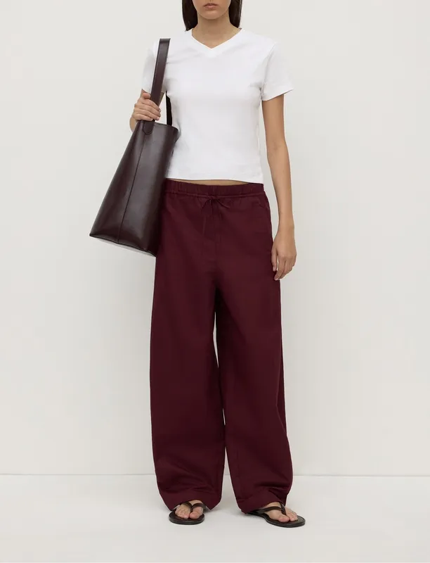 Merlot Cotton Linen Barrel-Leg Pant