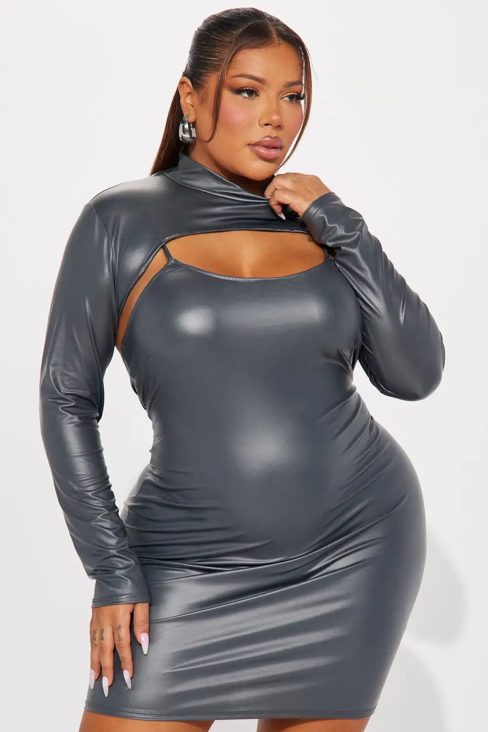 Leah Faux Leather Mini Dress Set - Gunmetal