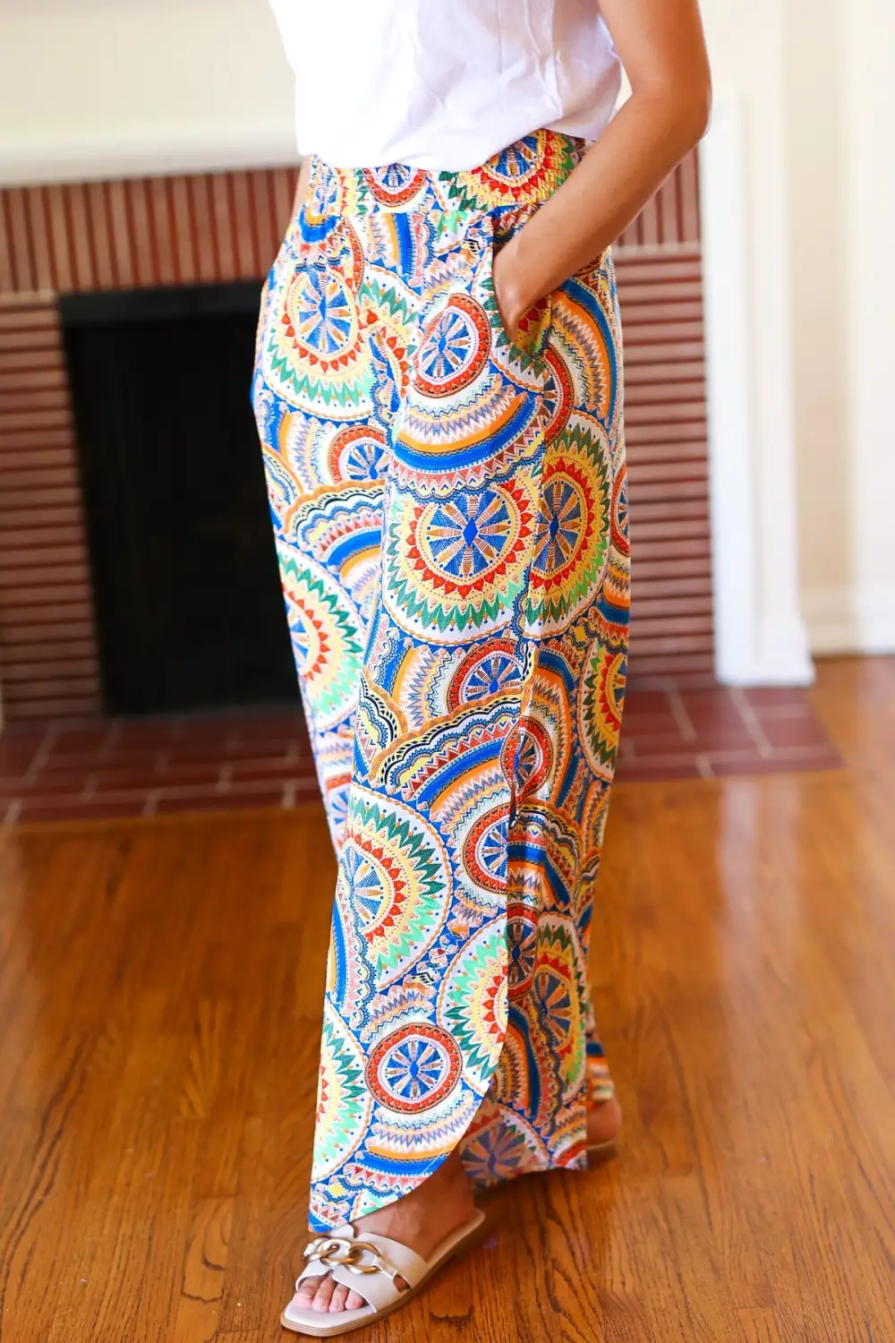 Mandala Smocked Waist Side Slit Palazzo Pants