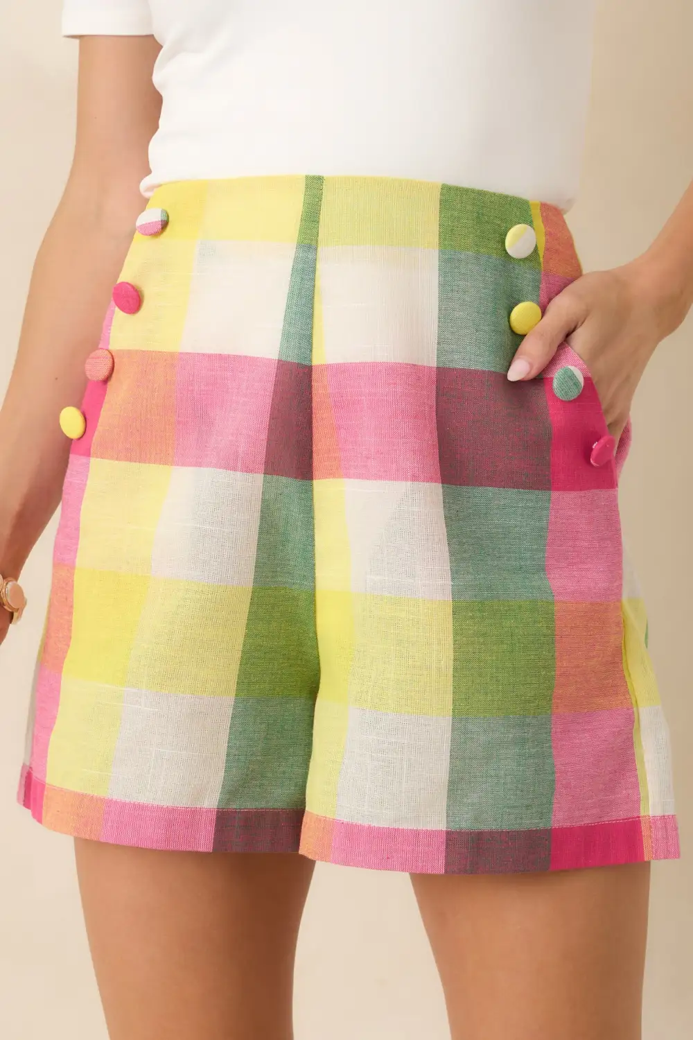 Multi Plaid Cotton Button Detail Shorts