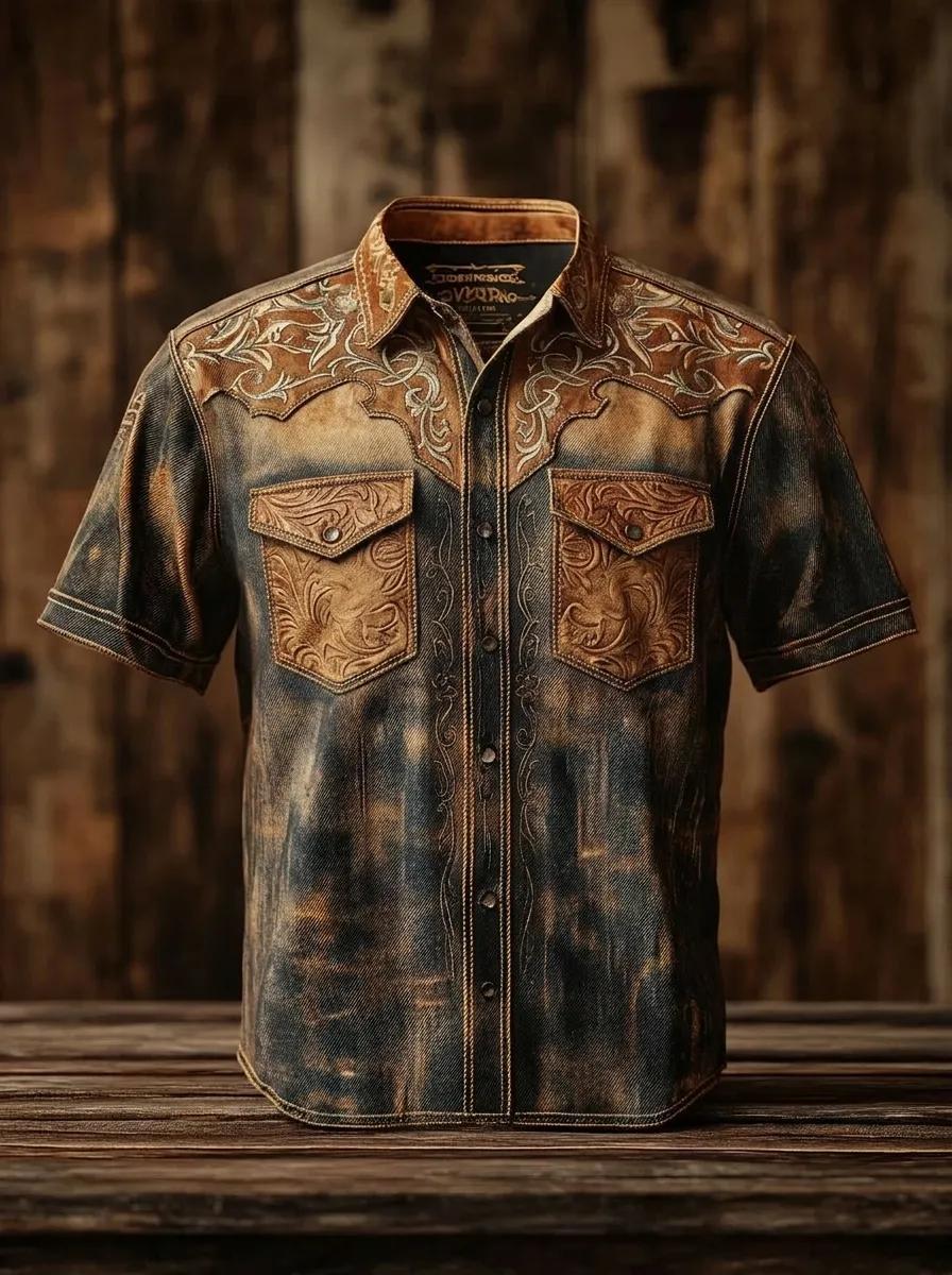 Men's Western Cowboy Floral Tooled Leather Printed Shirt