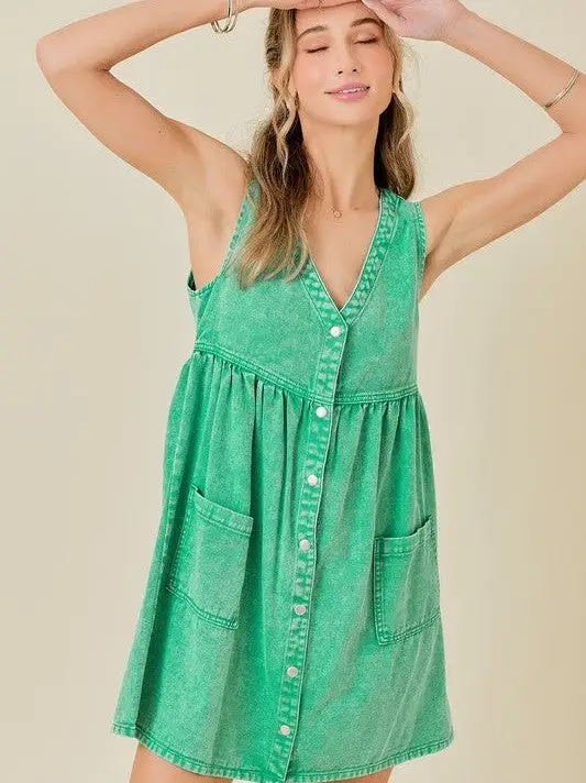 If You Can Dream It You Can Do It Washed Green Denim Dress