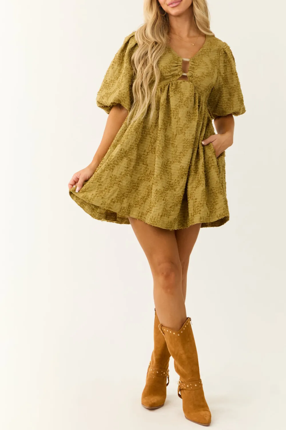 Olive Textured Half Puff Sleeve Mini Dress