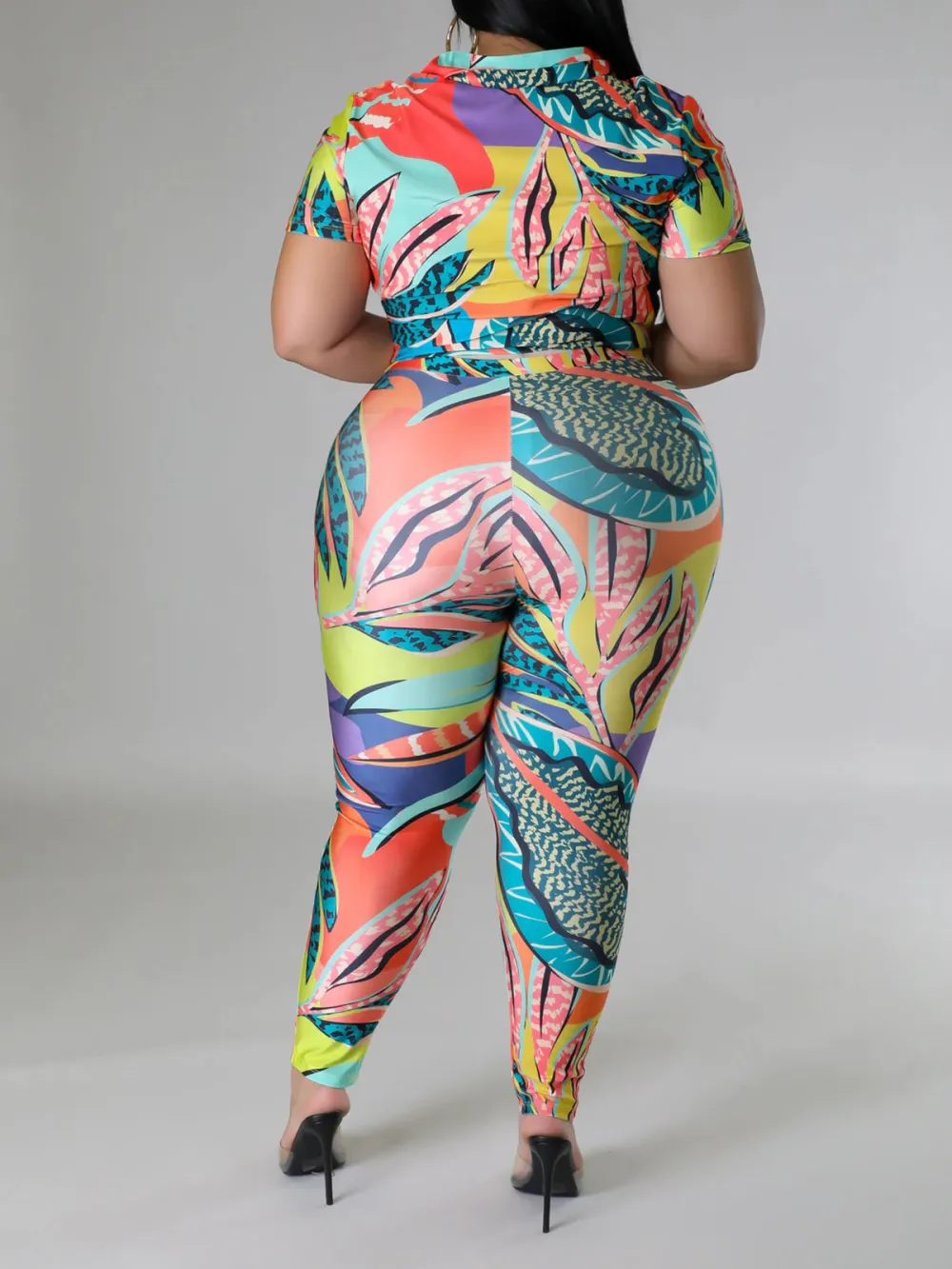 Plus Size Women'S Fashionable Tropical Botanical Print Leggings Set