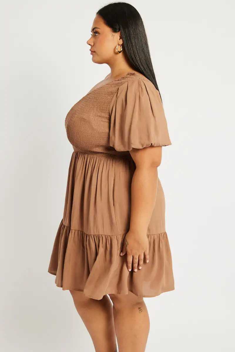 Brown One Shoulder Dress Shirred Bodice Pockets