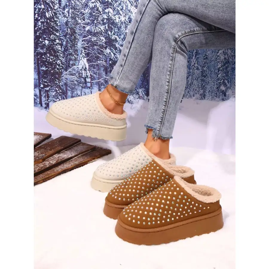 Rhinestone Round Toe Platform Slippers