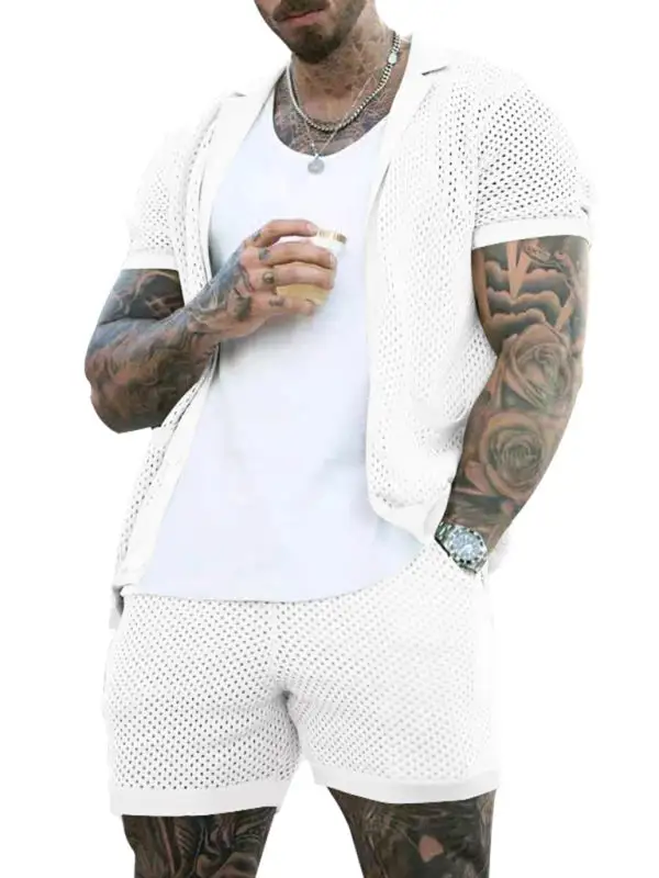 Knit Lapel Collar Short Sleeve Shorts