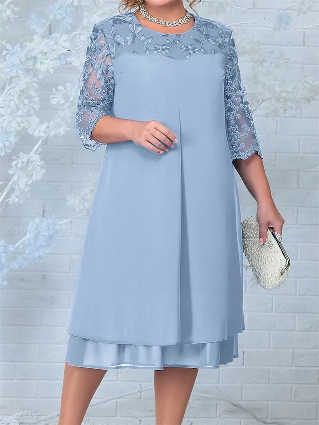 Women's Plus Size Curve Party Dress Lace Dress Cocktail Dress Midi Dress Pink Dark Blue Light Blue 3/4 Length Sleeve Floral Lace Spring Fall Winter Crew Neck Fashion Birthday Wedding Guest