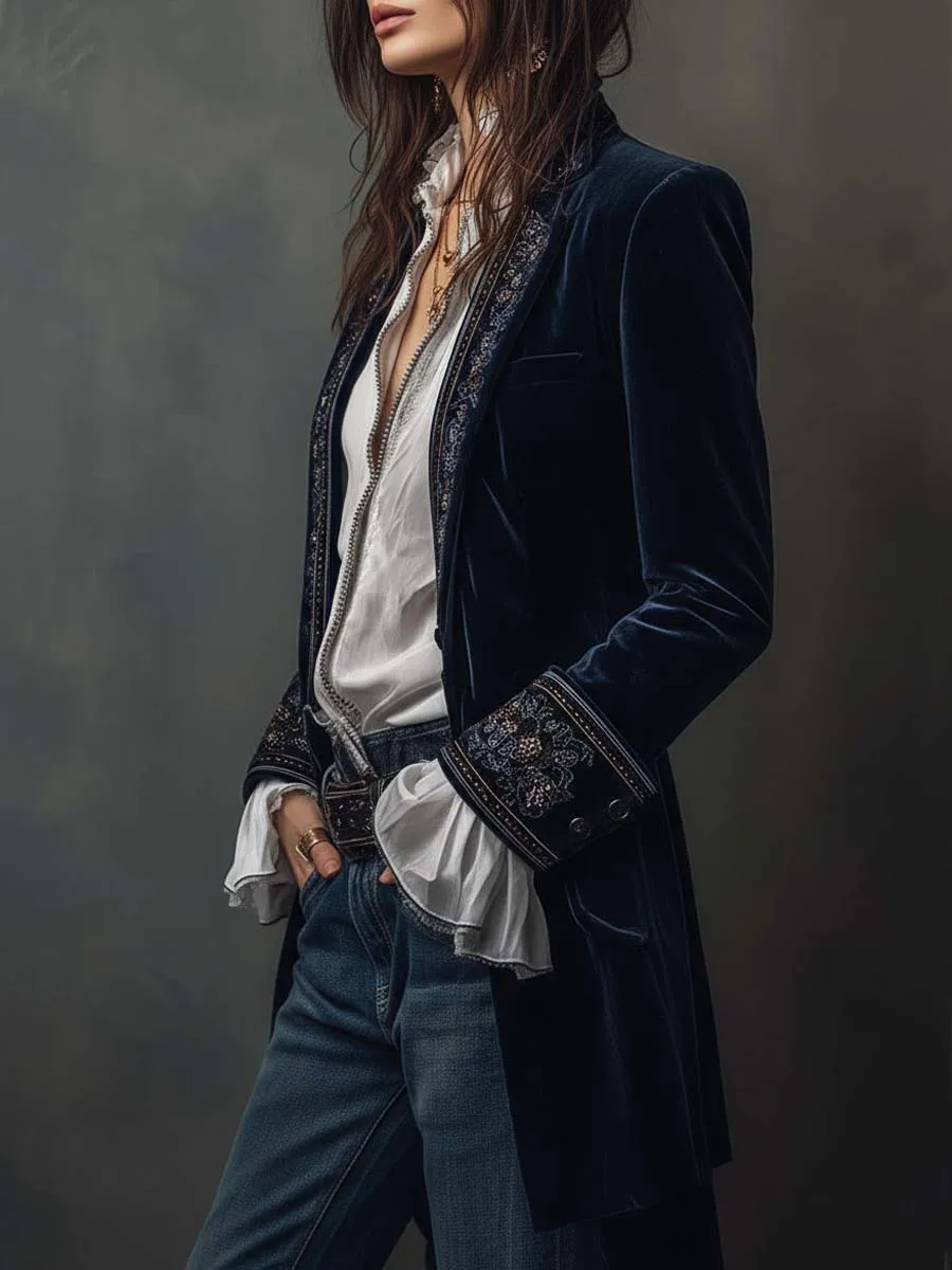 Vintage Navy Polyester Velvet Embroidered Long Jacket