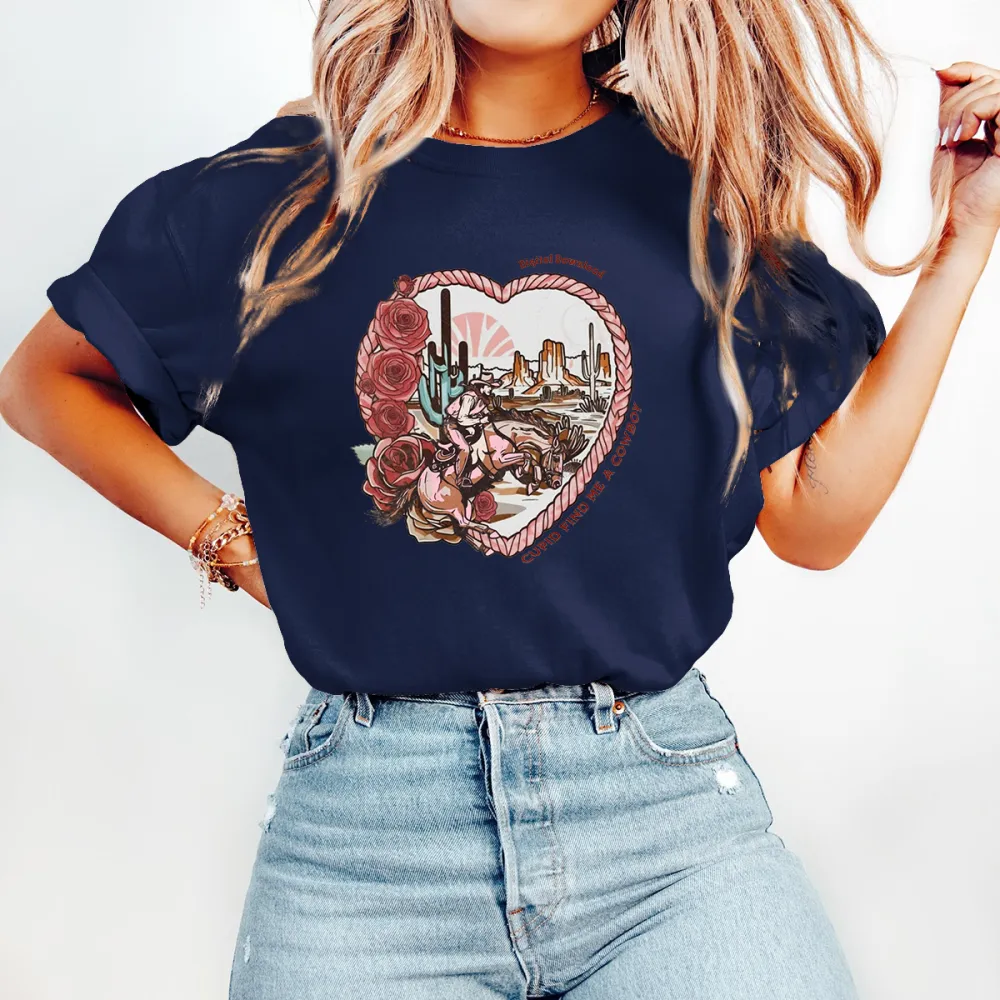 With A Desert And Sunrise Scene In The Background, Western Cowboy Style Casual T-Shirt