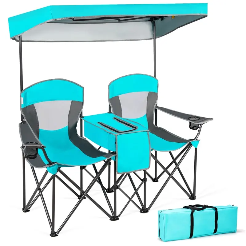 Folding Double Camping Chairs with Shade Canopy Portable Beach Chairs with Cup Holder