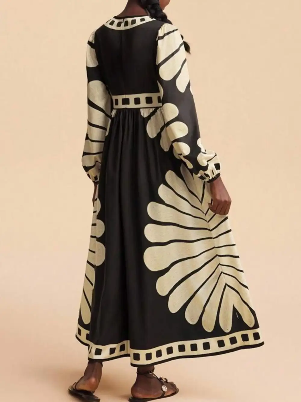 Printed V Neck Long Sleeve Dress Casual