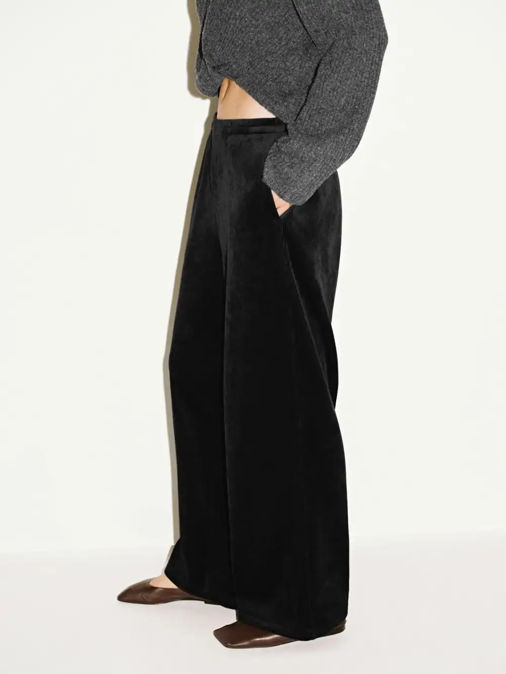 Ladies Black Plush Casual Straight-Leg Trousers