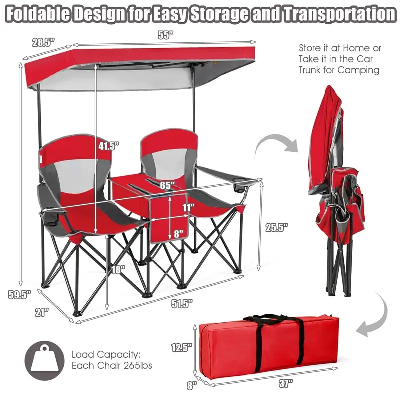 Folding Double Camping Chairs with Shade Canopy Portable Beach Chairs with Cup Holder