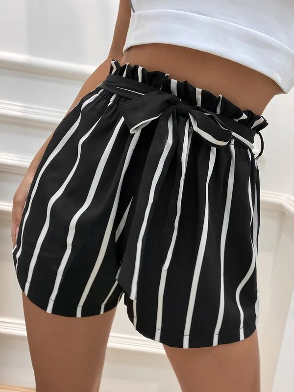 Women's Striped Belted Paperbag Waist Regular Fit Shorts