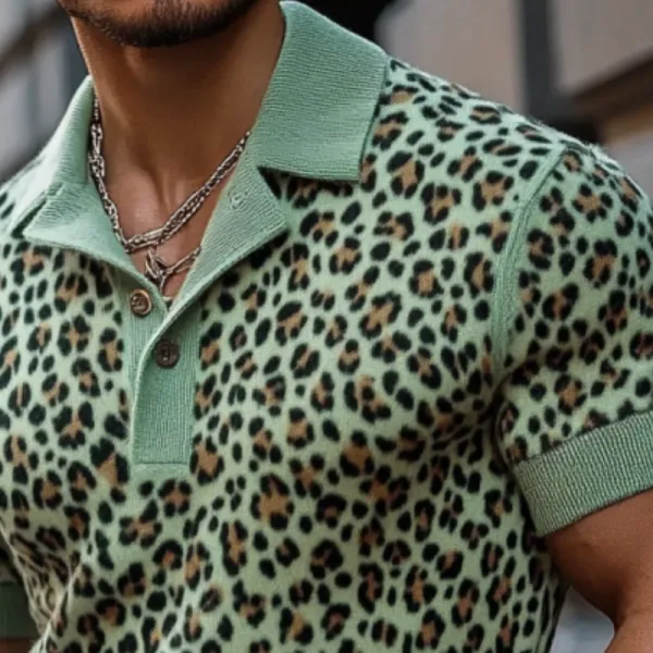 Weekend Short Sleeve Collared Knit Animal Print Shirt