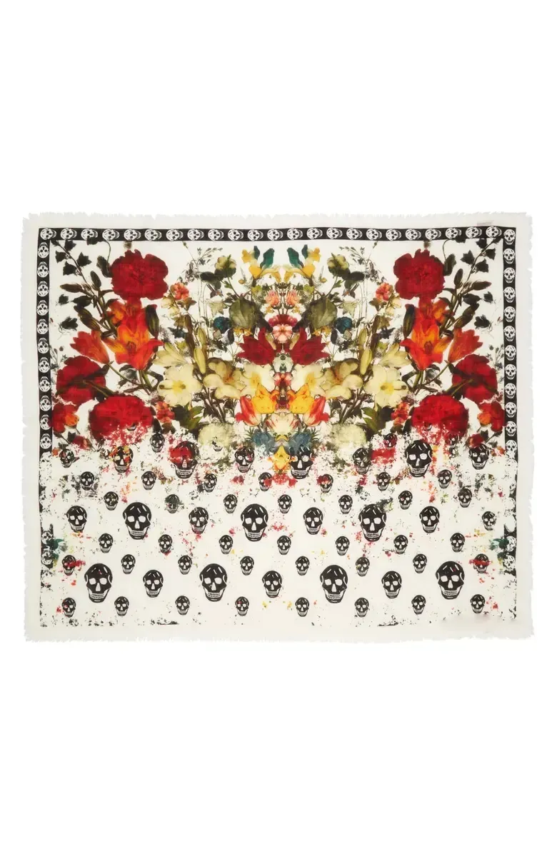 Floral Skull Fringe Wool Scarf