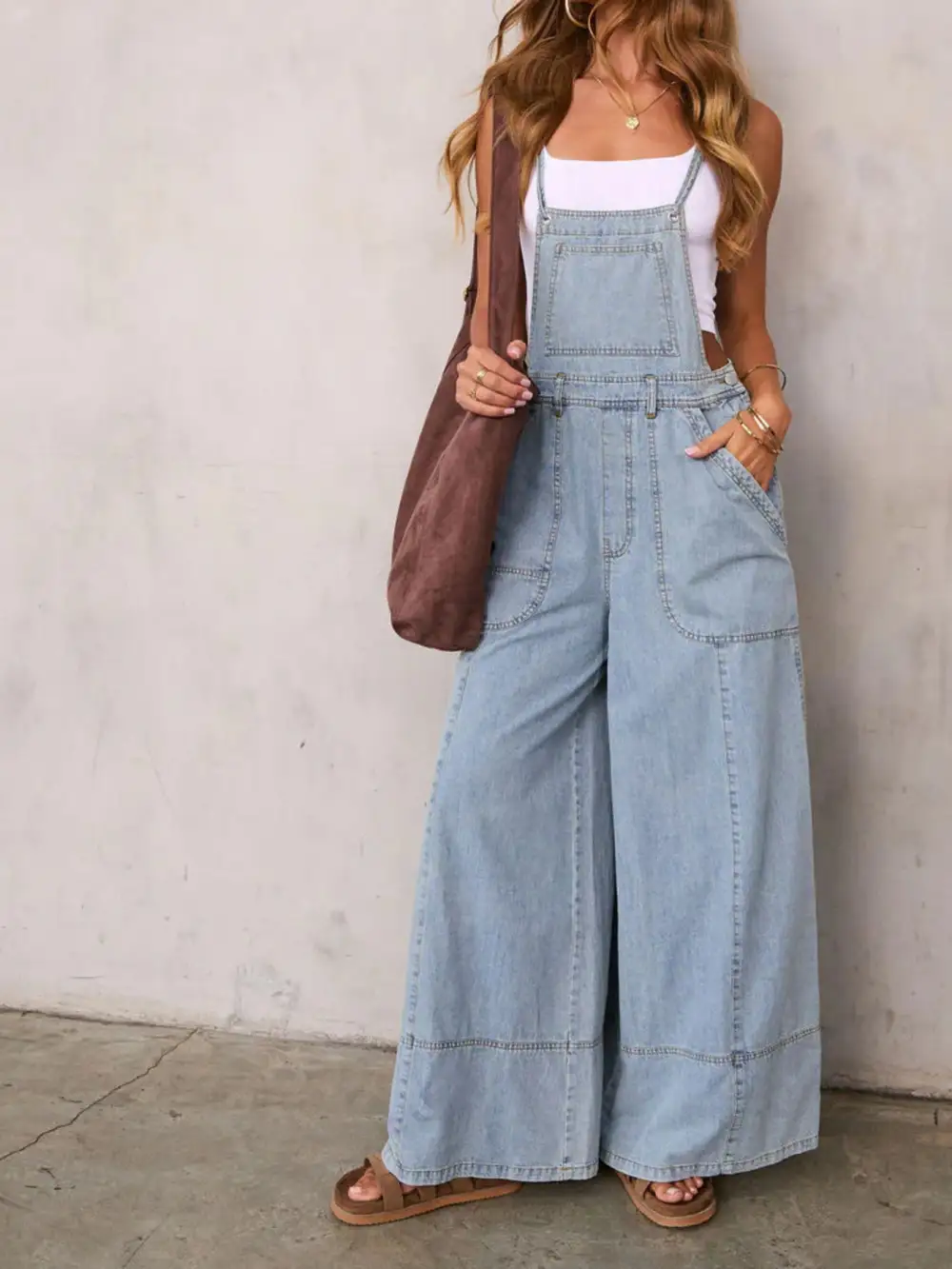 Polished Denim Wide Leg Overalls