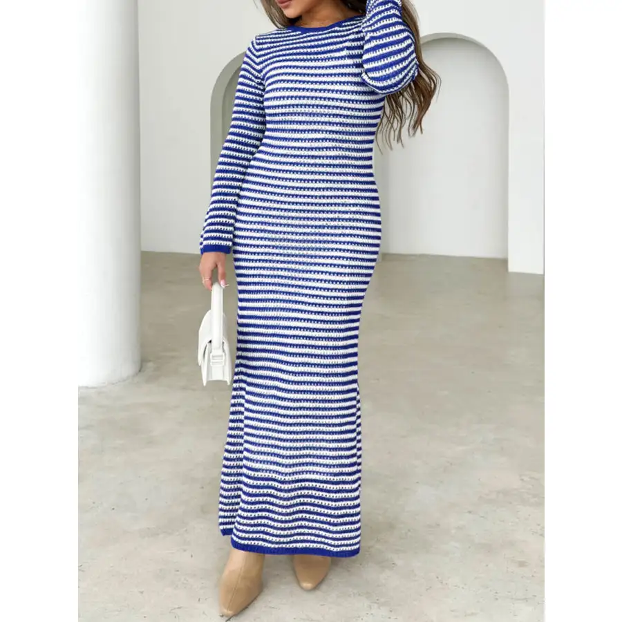 Devine Tied Round Neck Striped Sweater Dress