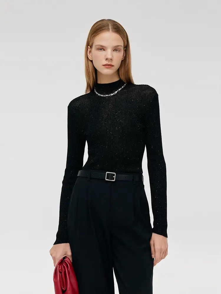 Sequins Sheath Mock Neck Women Sweater