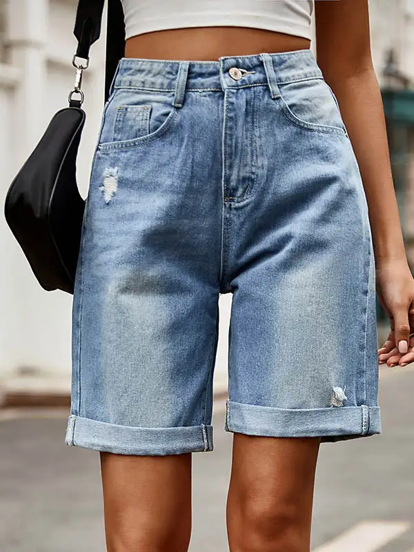 Hoog Getailleerde Losse Zakken Met Knopen Jeansbroeken Shorts