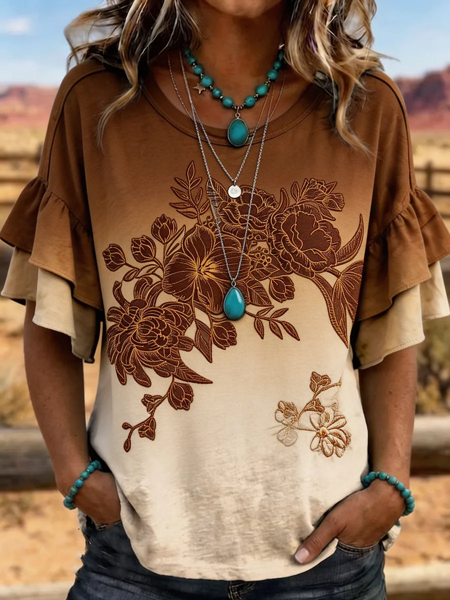 Women's Ombre Floral Embroidered Ruffle Sleeve Western Top