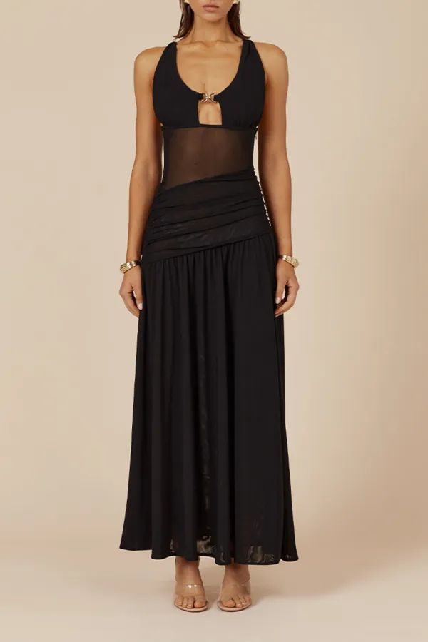 Black Halterneck Lace Stitching Sexy Maxi Dress