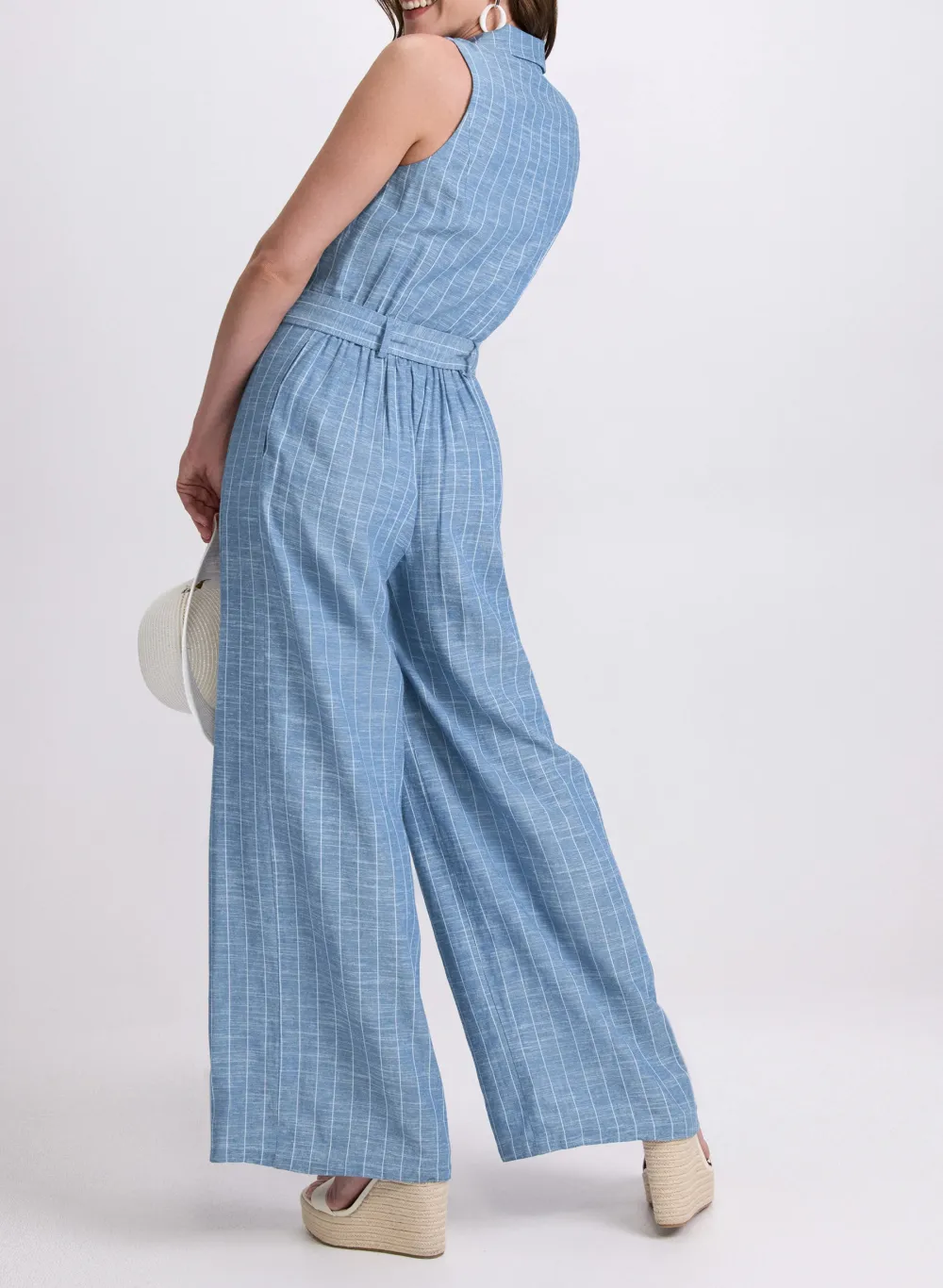 V-Neck Blue Striped Jumpsuit