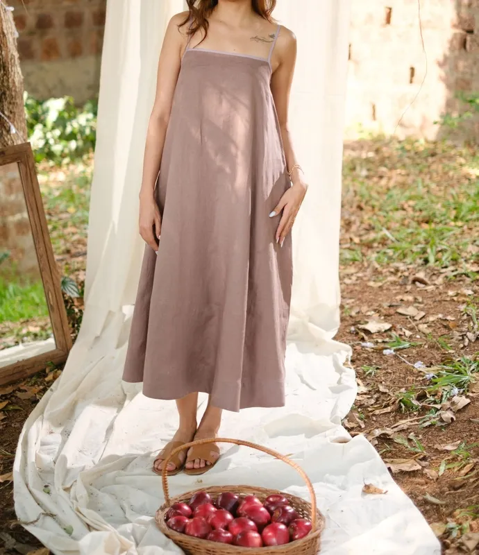 Taupe Linen Flowy Maxi Dress
