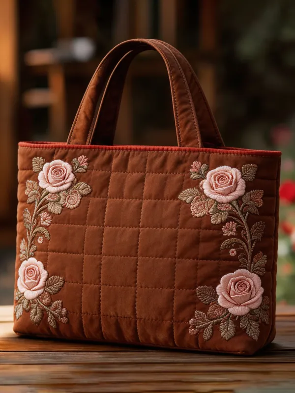 Women's Quilted Cotton Blended Rose Embroidered Tote Bag