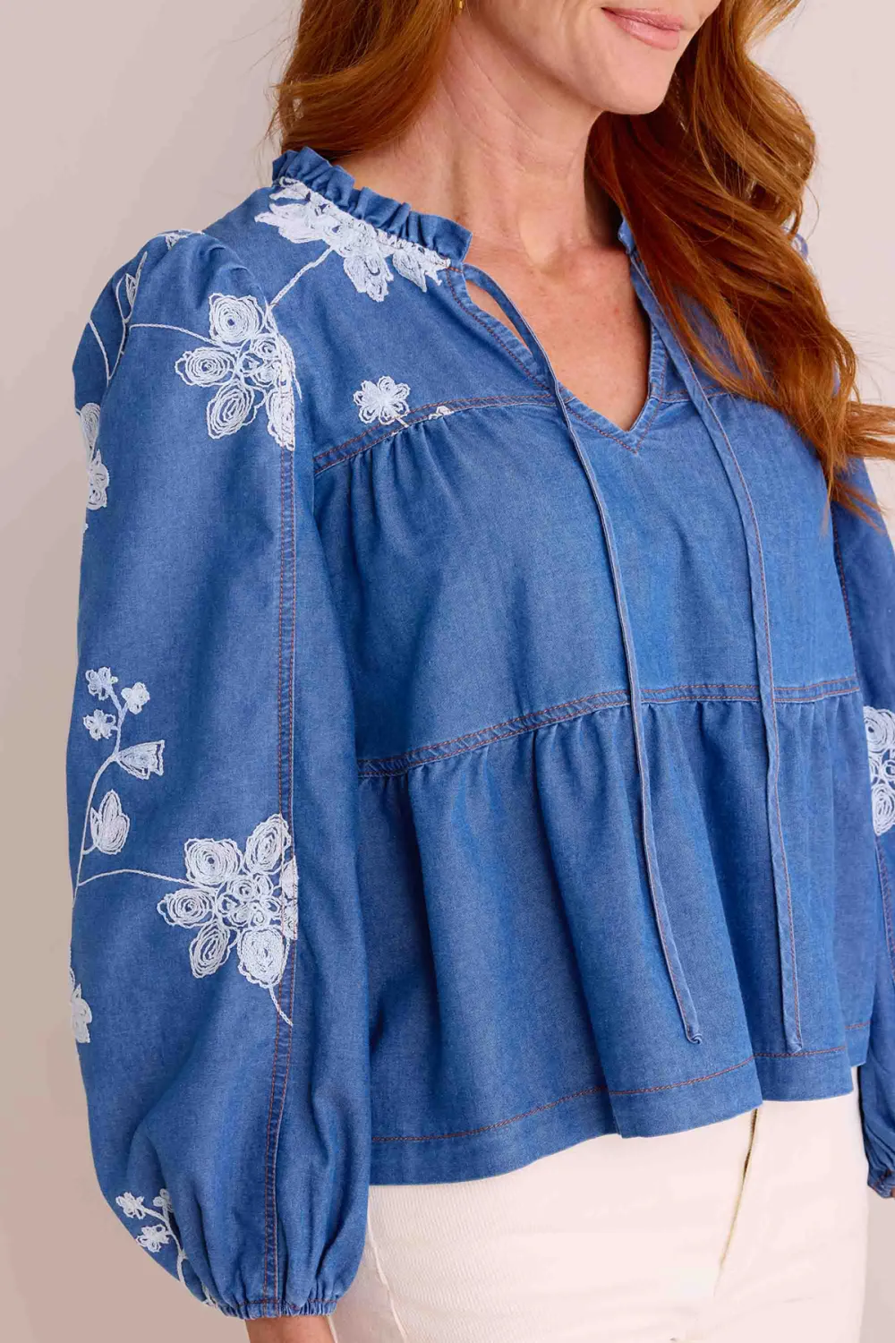 Blue Denim Ruffled Detail V-Neck Peplum Blouse