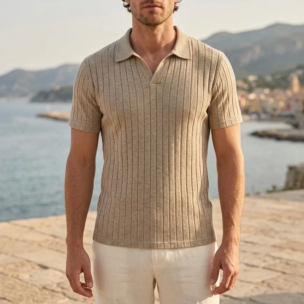 Ribbed Short Sleeve Knit Polo