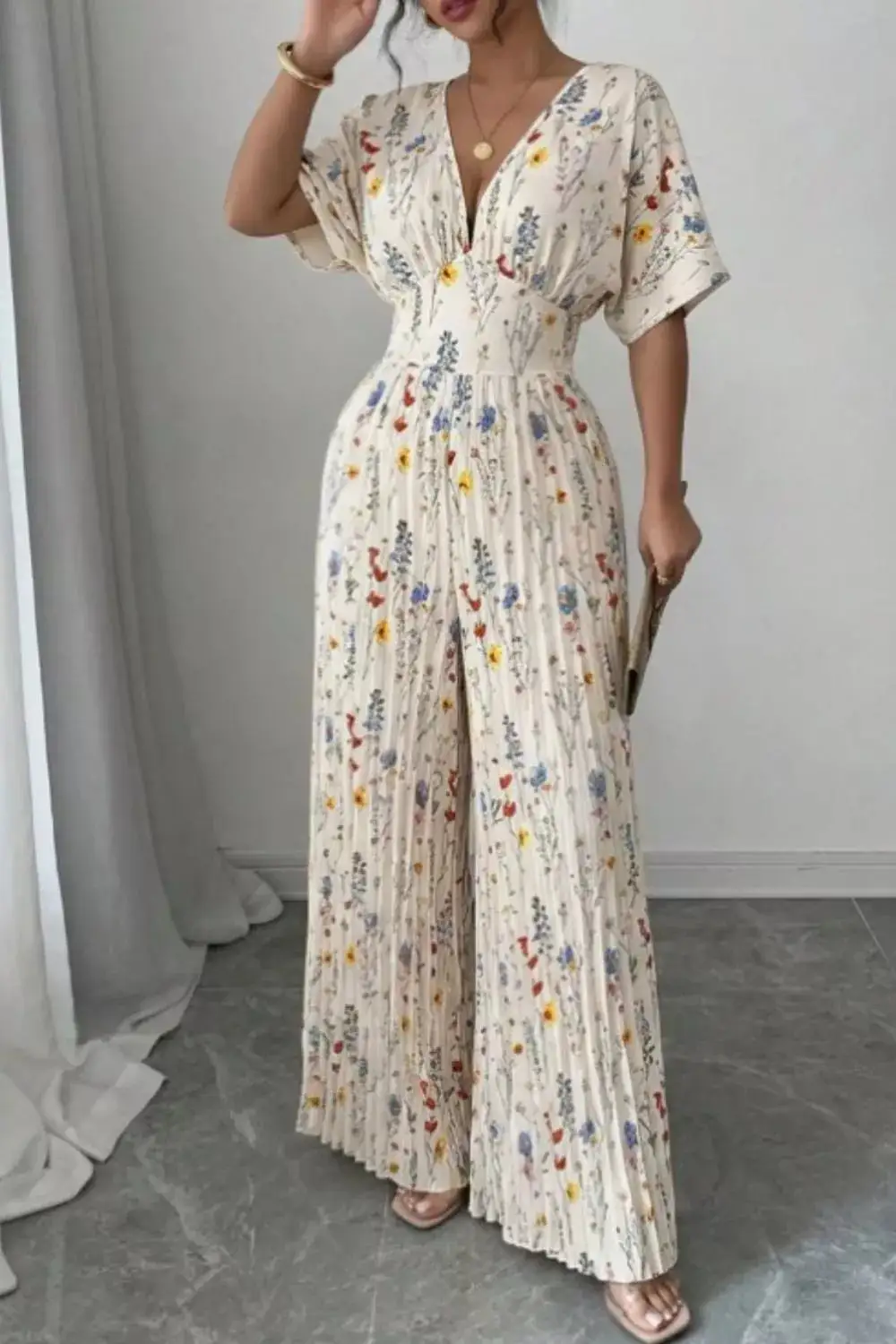 Pleated Floral Wide Leg Jumpsuit