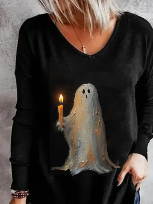 Casual Halloween V Neck Long Sleeve T-shirt