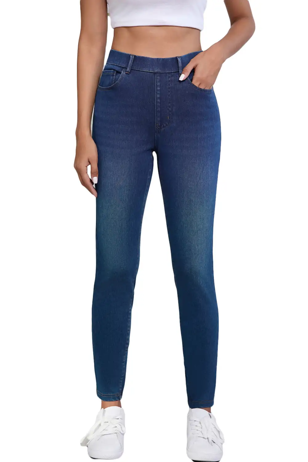Blue Multiple Pockets Straight Leg Washed Stretchy Knit Casual Jeans