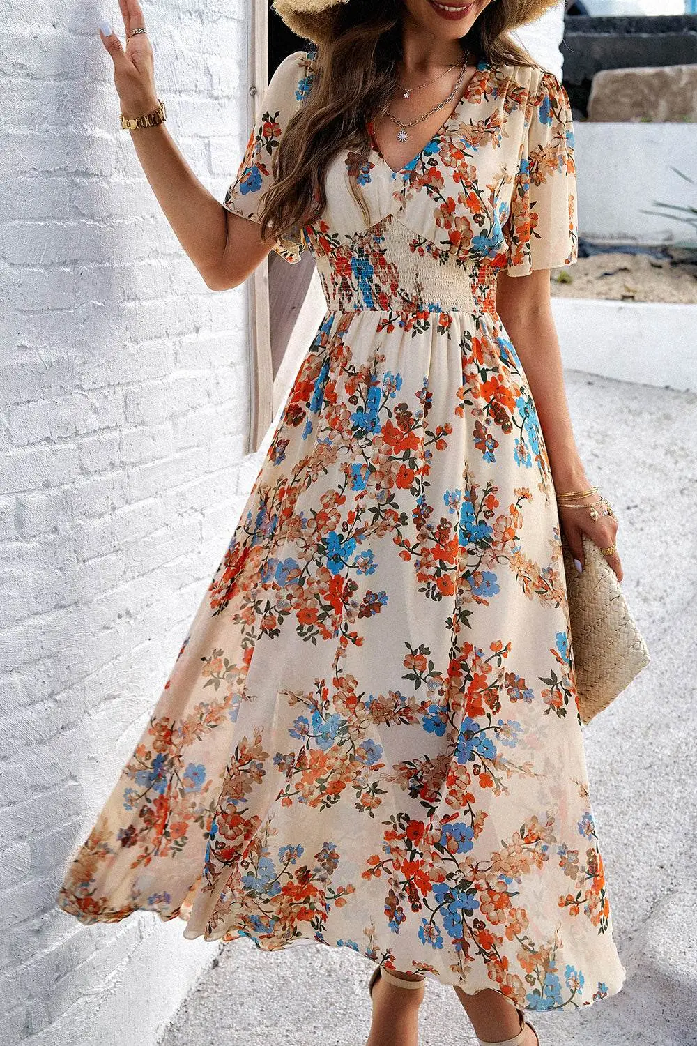 Smocked Floral V Neck Maxi Dress